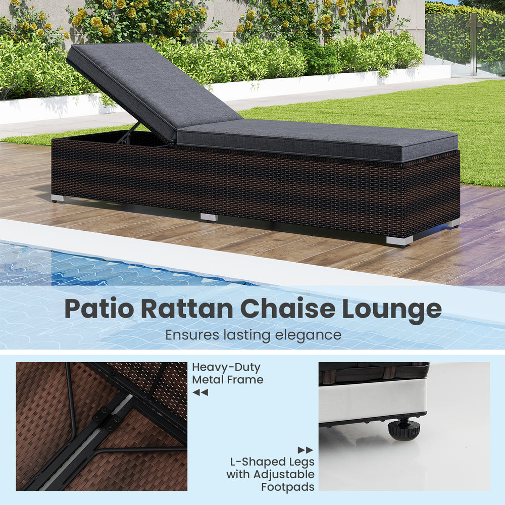 Patio wicker lounge chair with adjustable backrest, brown PE rattan, and plush cushion for outdoor comfort.