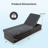 Patio wicker lounge chair with adjustable backrest, brown PE rattan, and long cushion dimensions for outdoor comfort.