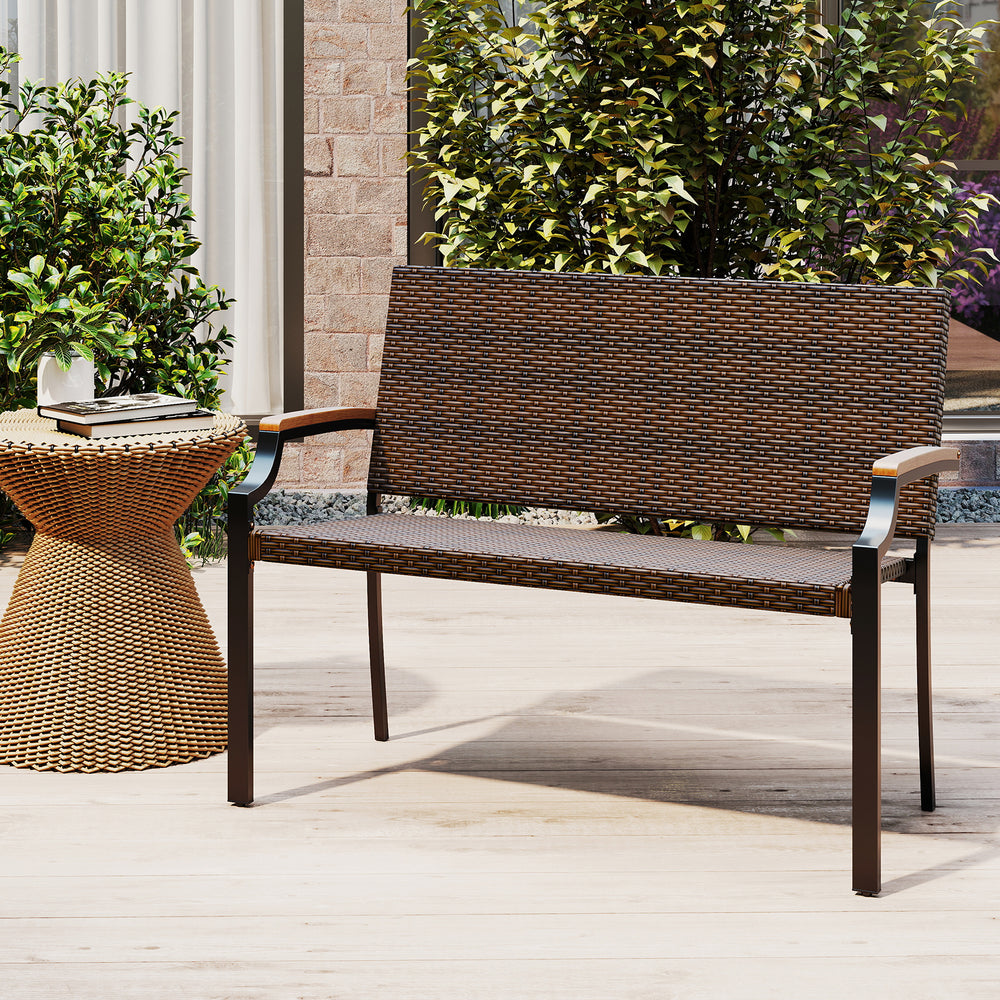 Patio wicker loveseat chair with acacia wood armrests and metal frame, perfect for backyard or garden seating.
