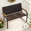 Patio wicker loveseat chair with acacia wood armrests and metal frame, perfect for backyard or garden relaxation.