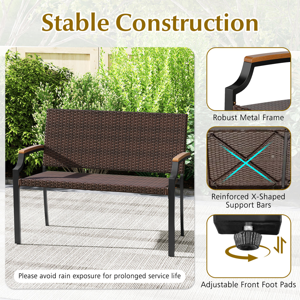 Patio wicker loveseat chair with acacia wood armrests and metal frame, featuring a stackable design for space-saving.