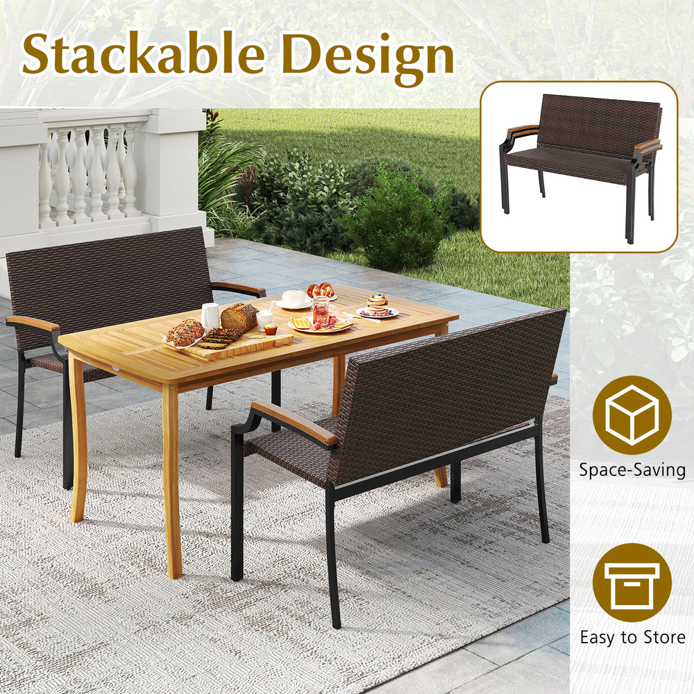 Stackable patio wicker loveseat chair with acacia wood armrests and metal frame, ideal for outdoor spaces.