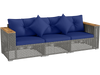 Navy blue patio wicker sectional sofa with acacia wood armrests and removable cushions, ideal for outdoor relaxation.