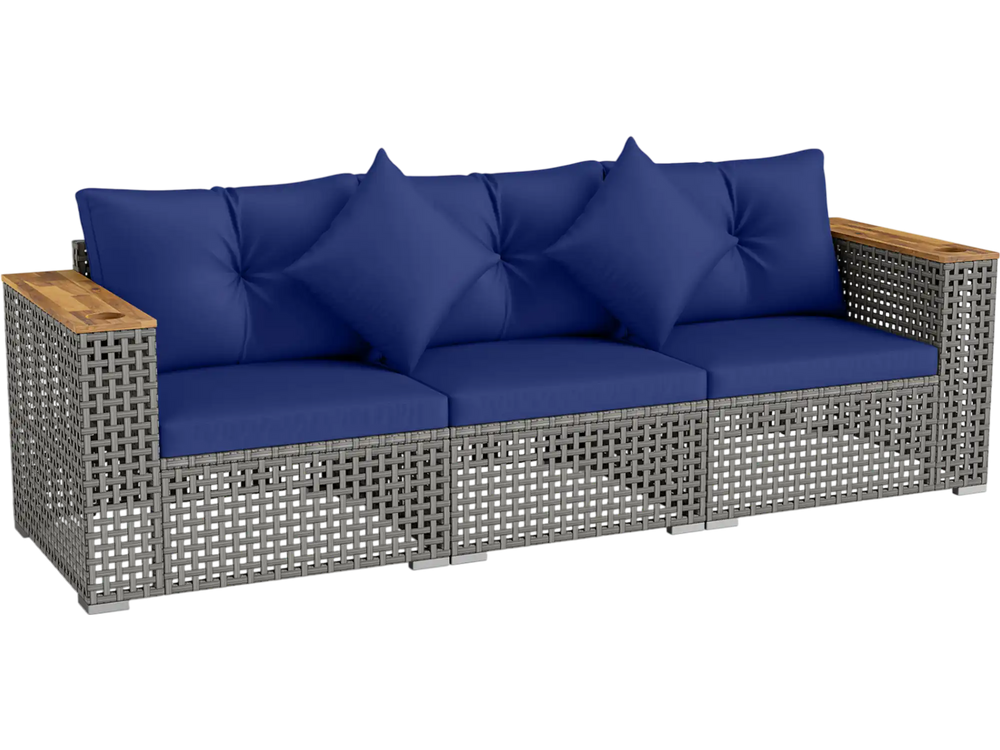 Navy blue patio wicker sectional sofa with acacia wood armrests and removable cushions, ideal for outdoor relaxation.
