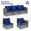 Patio wicker sectional furniture set with navy cushions, showcasing dimensions and modular design for flexible seating.