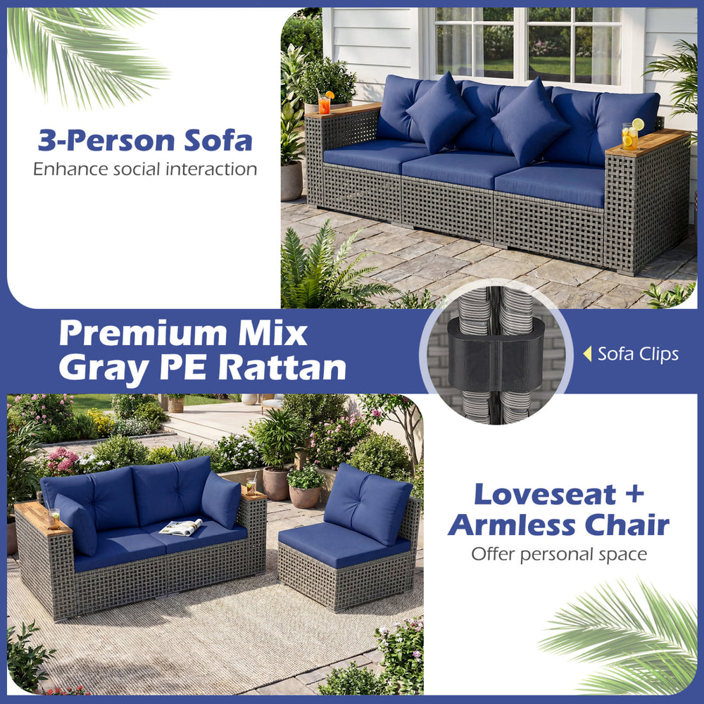 3-person patio wicker sectional set in navy with removable cushions and acacia wood armrests for outdoor comfort.
