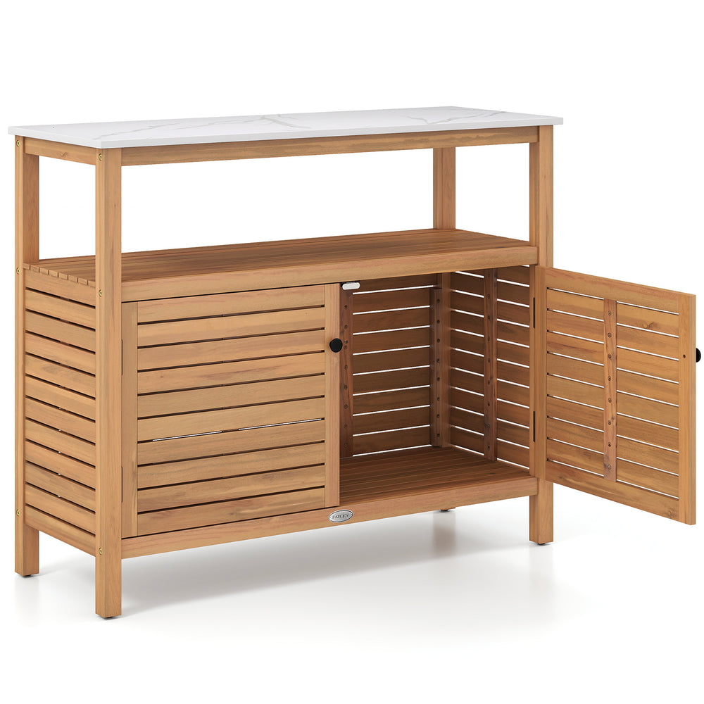 Acacia wood outdoor storage cabinet with marble-like countertop, featuring two doors and spacious shelves for versatile.