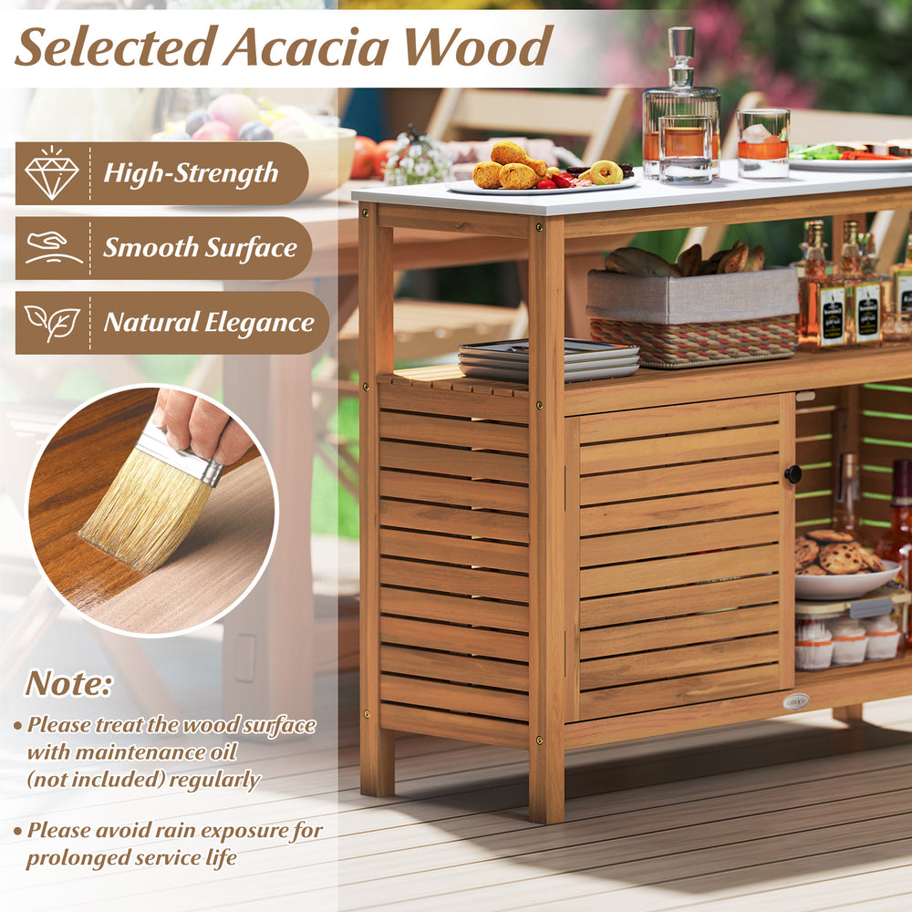 Patio wood storage cabinet made of acacia wood with a marble-like countertop, ideal for outdoor kitchens and gardens.