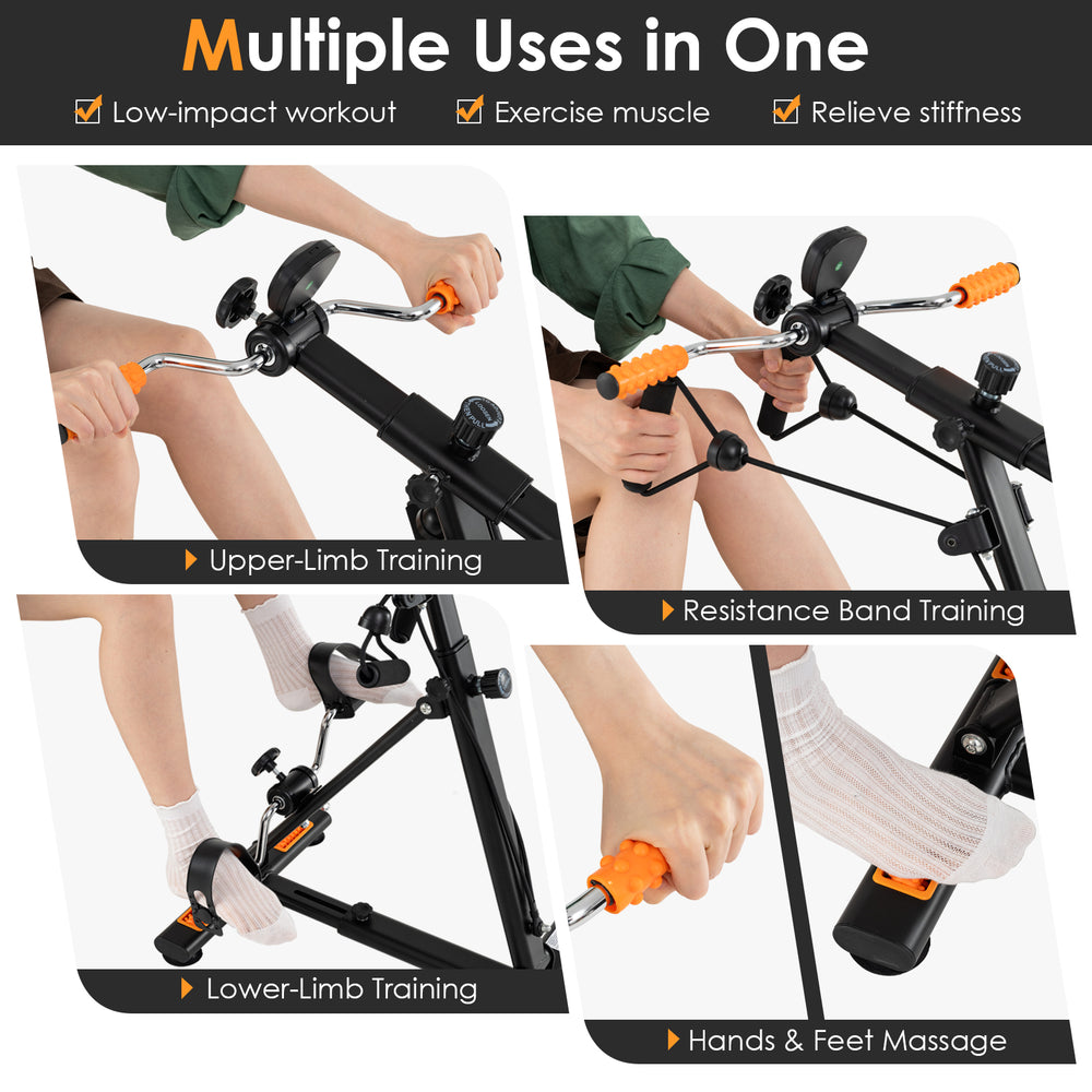 Pedal exerciser with adjustable resistance for arm and leg workouts, featuring resistance bands and LCD display for.