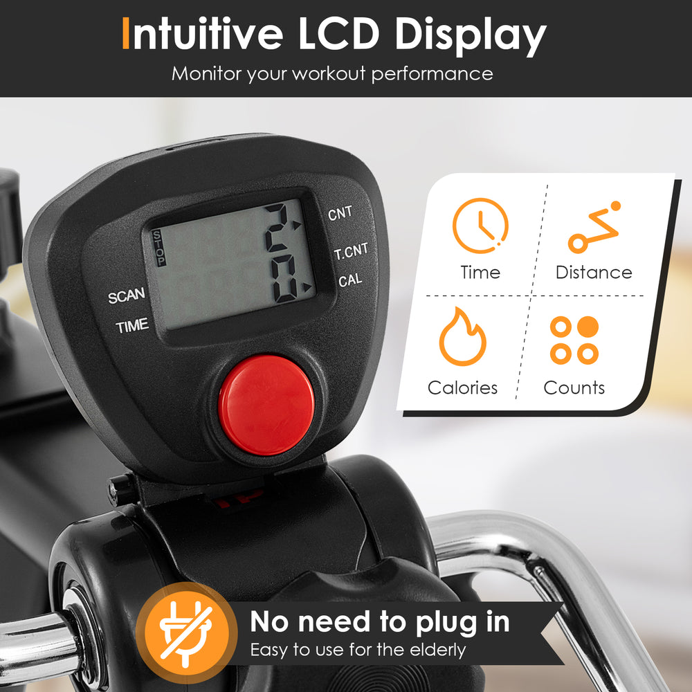 Intuitive LCD display of the orange pedal exerciser, showing workout metrics for arm and leg exercises.