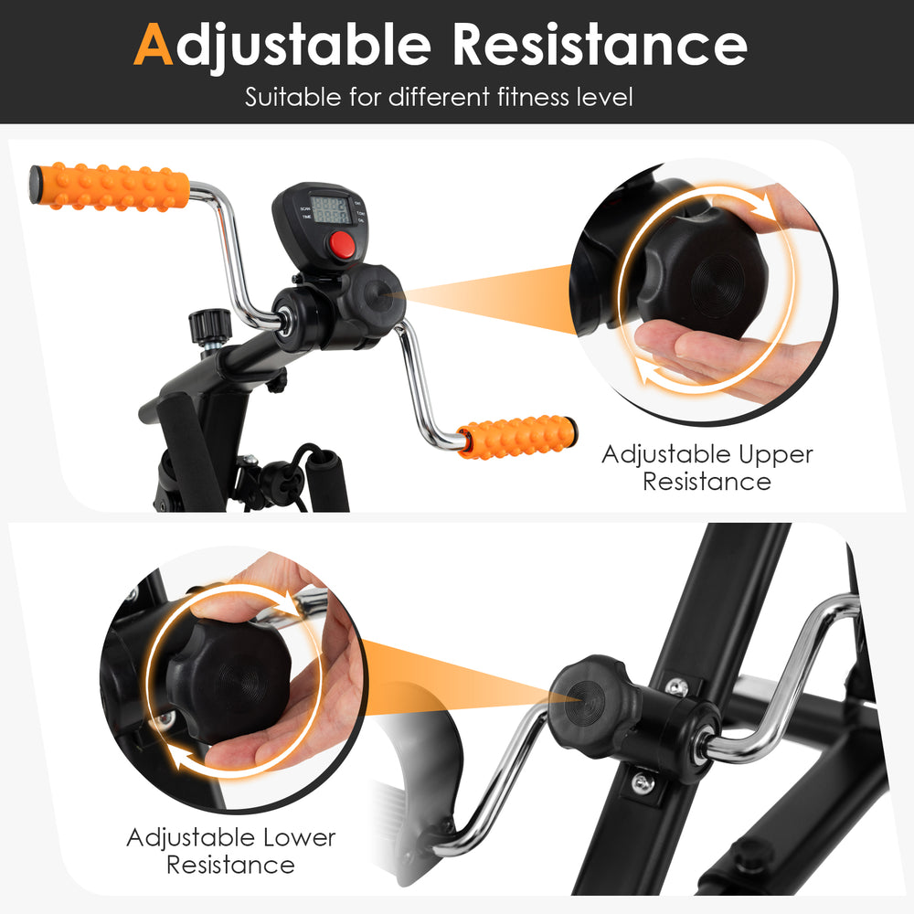 Adjustable resistance features for the pedal exerciser, designed for arm and leg workouts, suitable for all fitness.