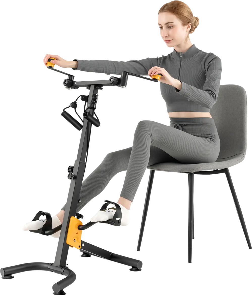 Pedal exerciser with adjustable handgrip in use, featuring a stable design and suitable for seniors' workouts.