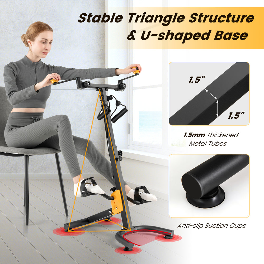 Pedal exerciser with adjustable handgrip, featuring a stable triangular structure and non-slip foot pads for seniors.