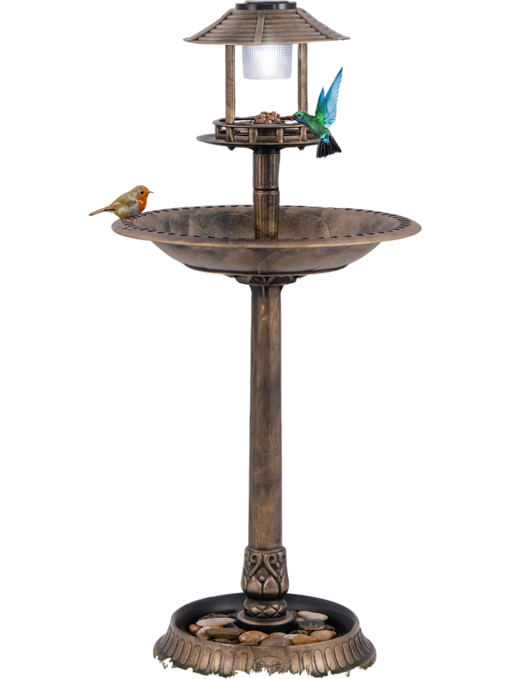 Pedestal bird bath with solar light in bronze, featuring a bird feeder and flower planter for outdoor gardens.