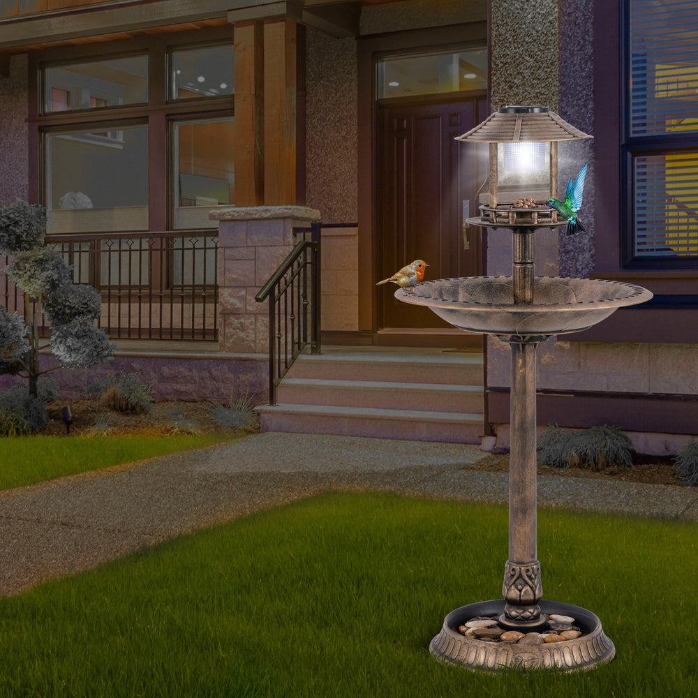 Pedestal Bird Bath with Solar Light with Bird Feeder and Flower Planter-Bronze - Gallery View 1 of 10