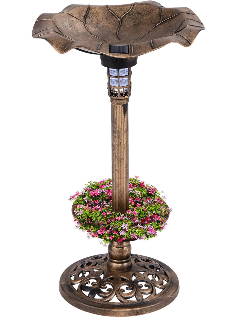 Standing pedestal birdbath with lotus leaf bowl in bronze, featuring a solar lamp and planter for outdoor charm.