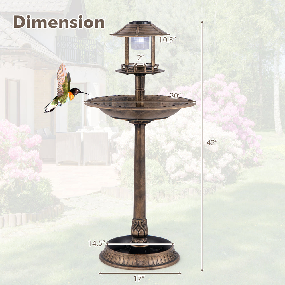 Pedestal bird bath with solar light, bronze finish, featuring a bird feeder and flower planter for outdoor gardens.