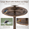 Large bronze bird bath with hollow-out edge, holds 1.3 gallons of water, ideal for birds to play and bathe.