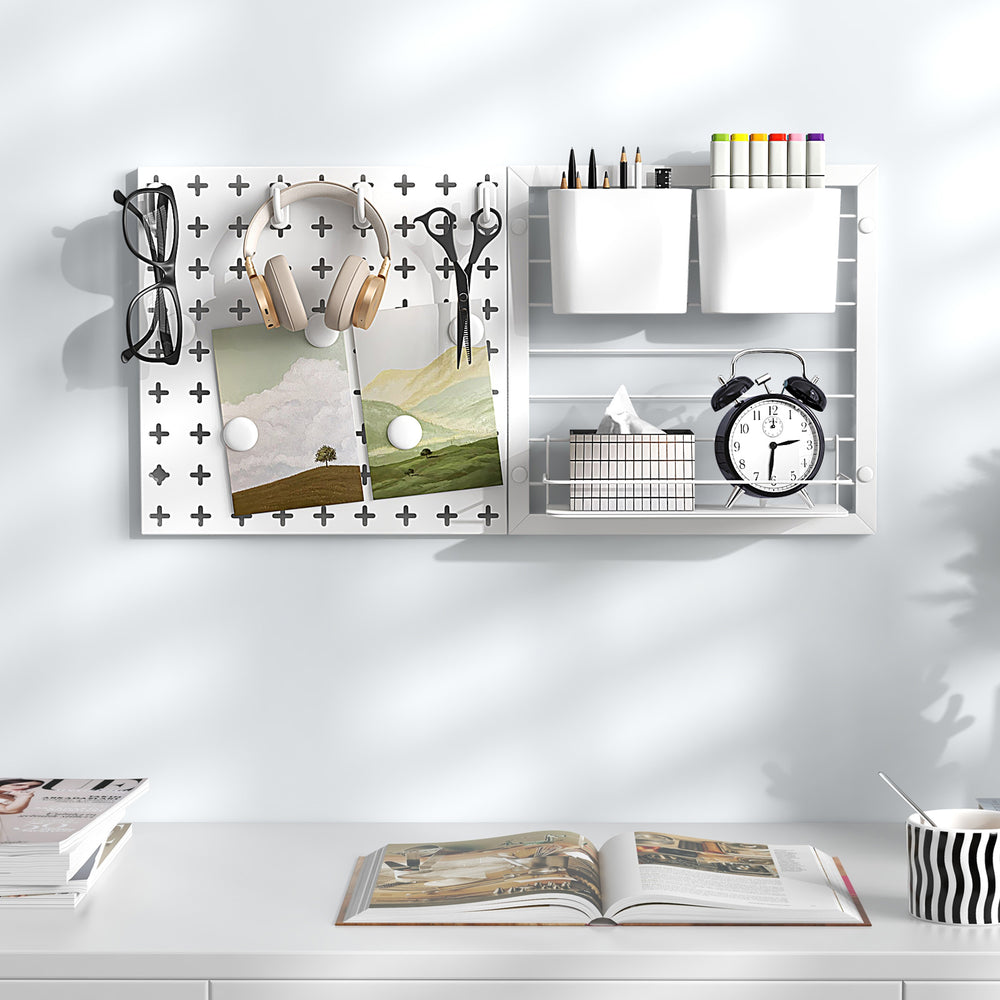 Pegboard Combination Kit wall organizer featuring magnets and hooks, ideal for stationery and kitchenware storage.