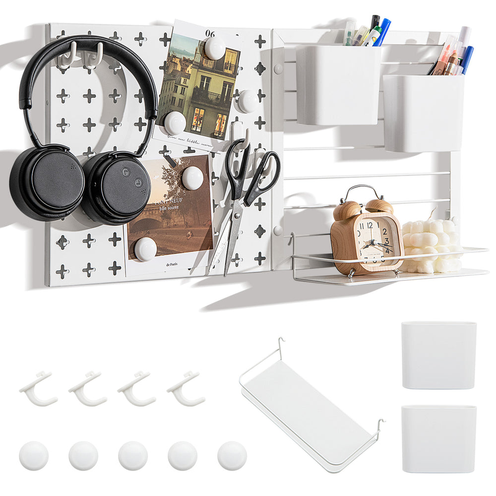 Pegboard Combination Kit wall organizer with hooks and magnets for personalized storage of kitchenware and stationery.