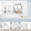 Pegboard combination kit with 0.6" thick panel, hooks, and magnets for organizing kitchenware and stationery.