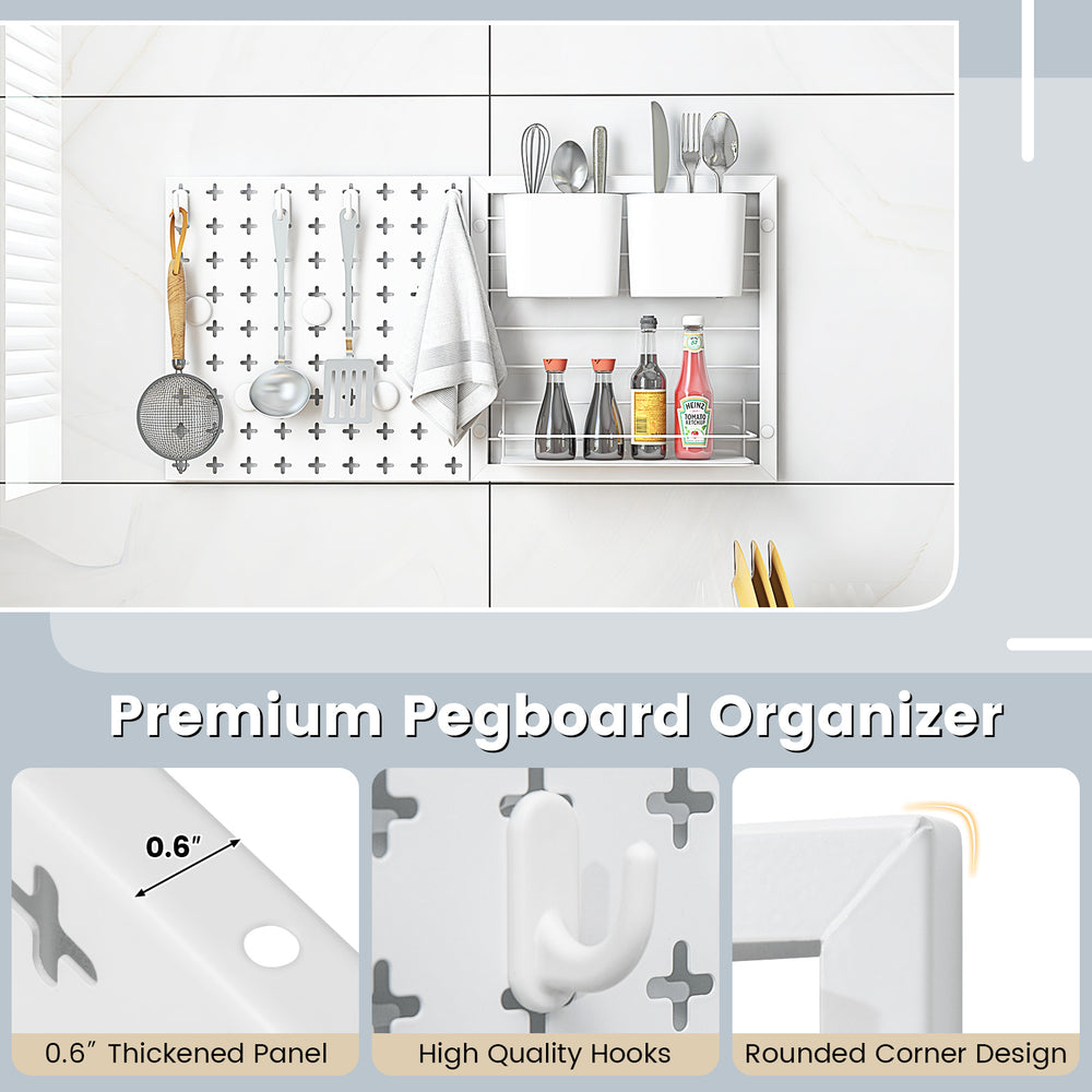 Pegboard combination kit with 0.6" thick panel, hooks, and magnets for organizing kitchenware and stationery.