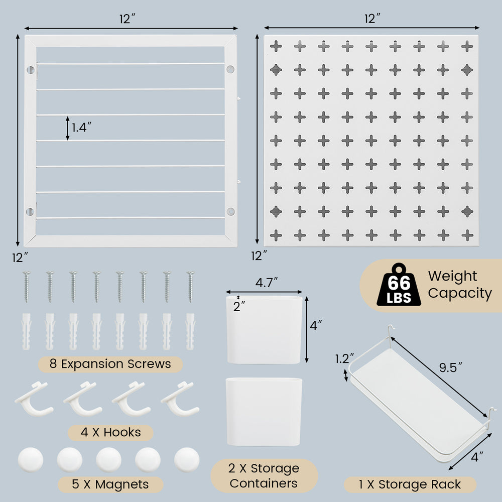 Pegboard Combination Kit with 12"x12" panels, hooks, and magnets for personalized storage in kitchens or offices.