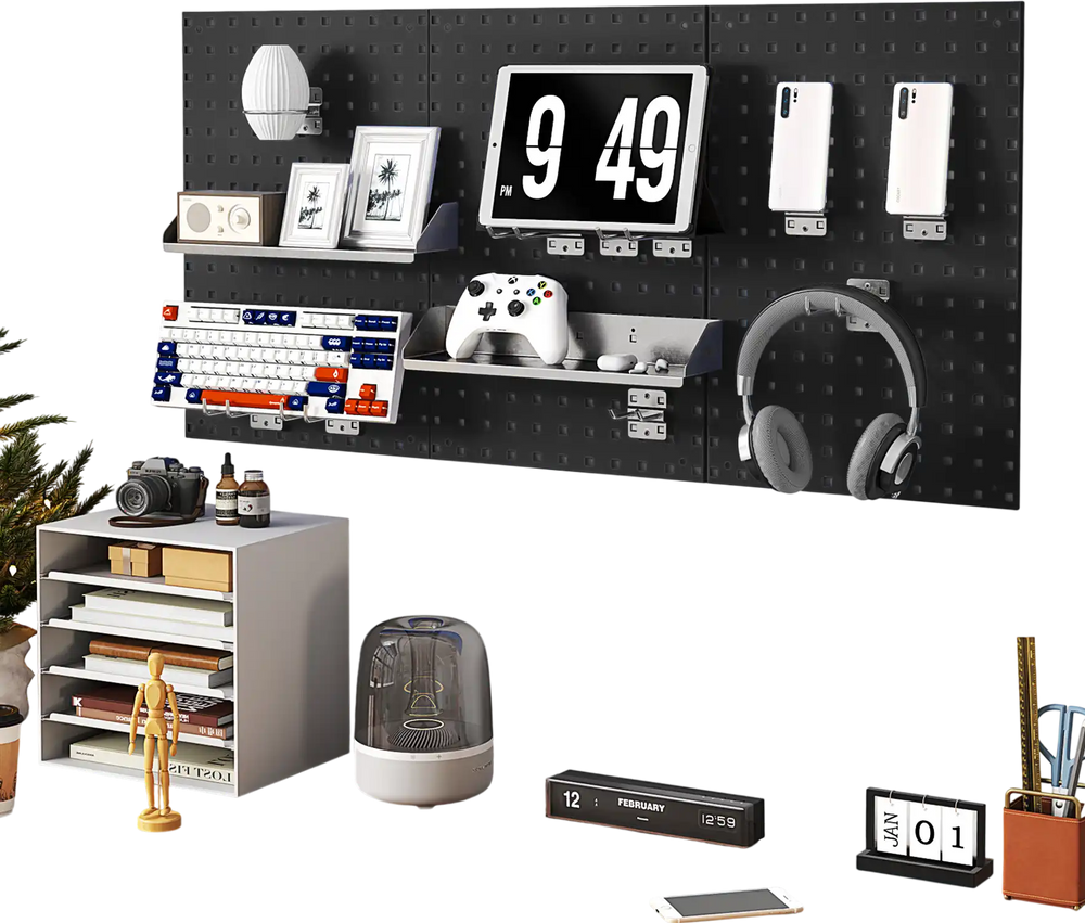 Wall-mounted pegboard kit in black with tools organized, featuring shelves and hooks for garage or workshop storage.