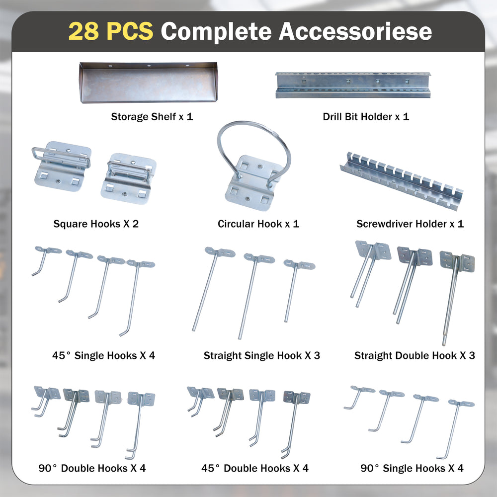 Complete accessories for wall-mounted pegboard kit, including hooks and shelves for garage organization.