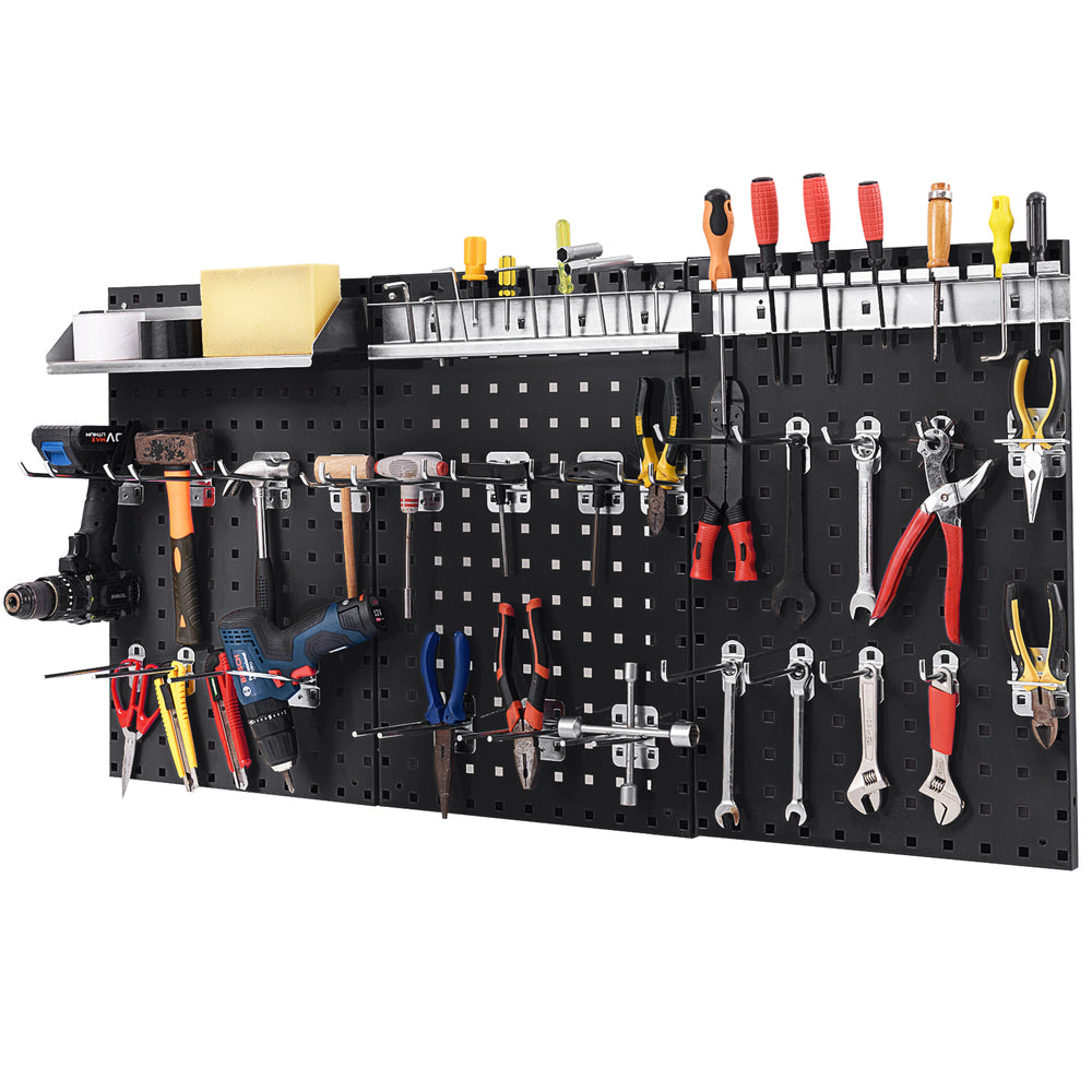Wall-mounted pegboard kit with tools organized, featuring 3 metal boards and 28 assorted hanging accessories for garage.