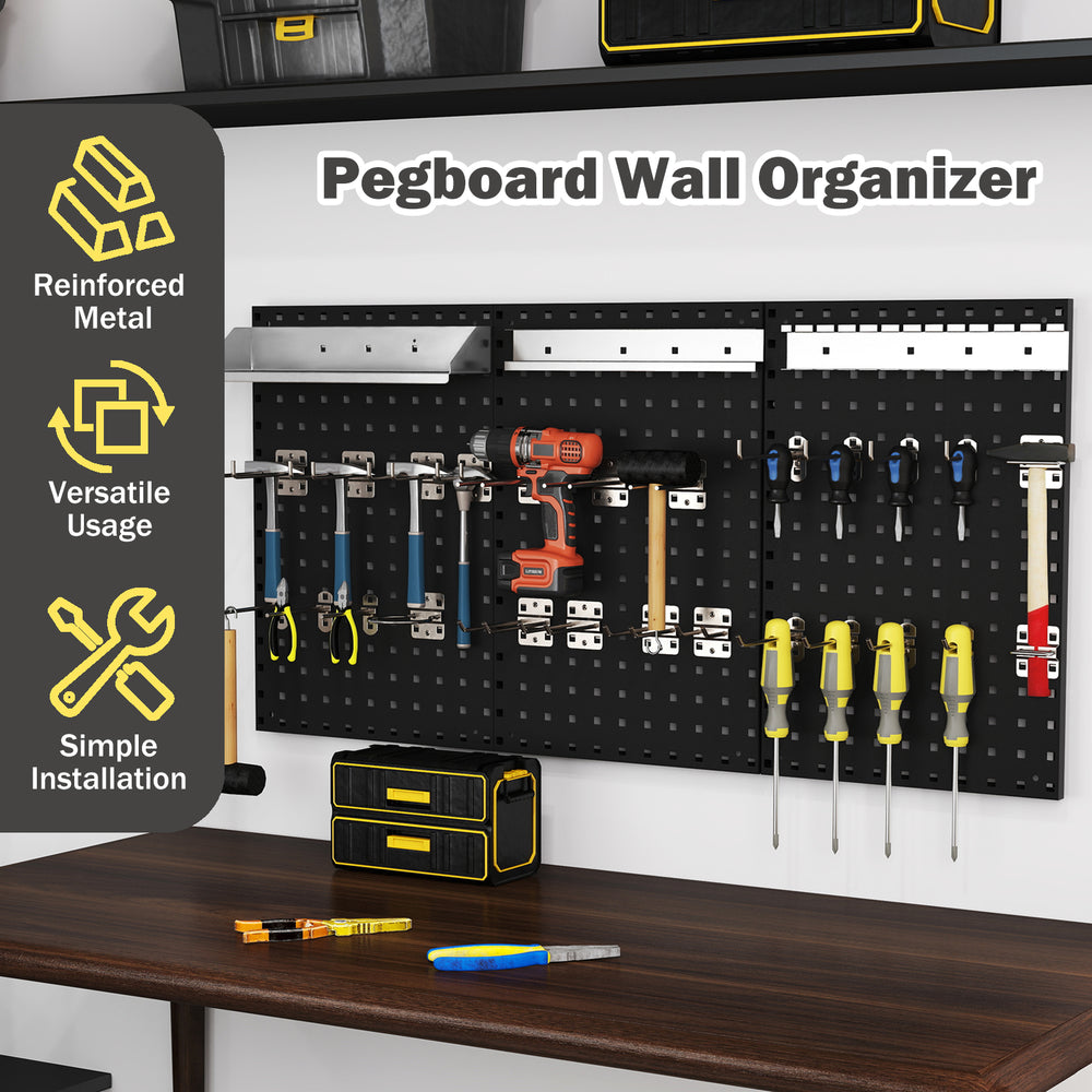 Wall-mounted pegboard kit with 3 black metal boards and assorted hooks for organizing tools in garages and workshops.