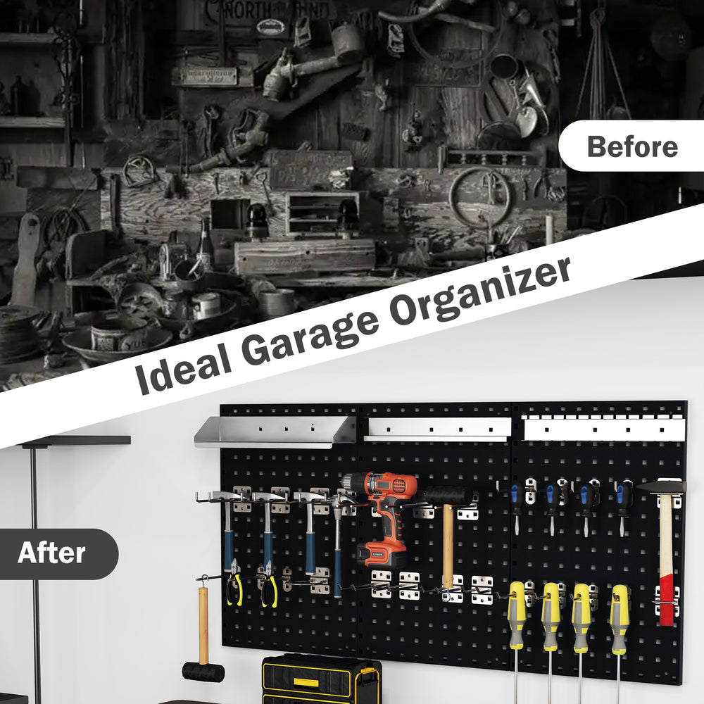 Wall-mounted pegboard kit in black with 3 pegboards and 28 accessories for organizing garage tools efficiently.