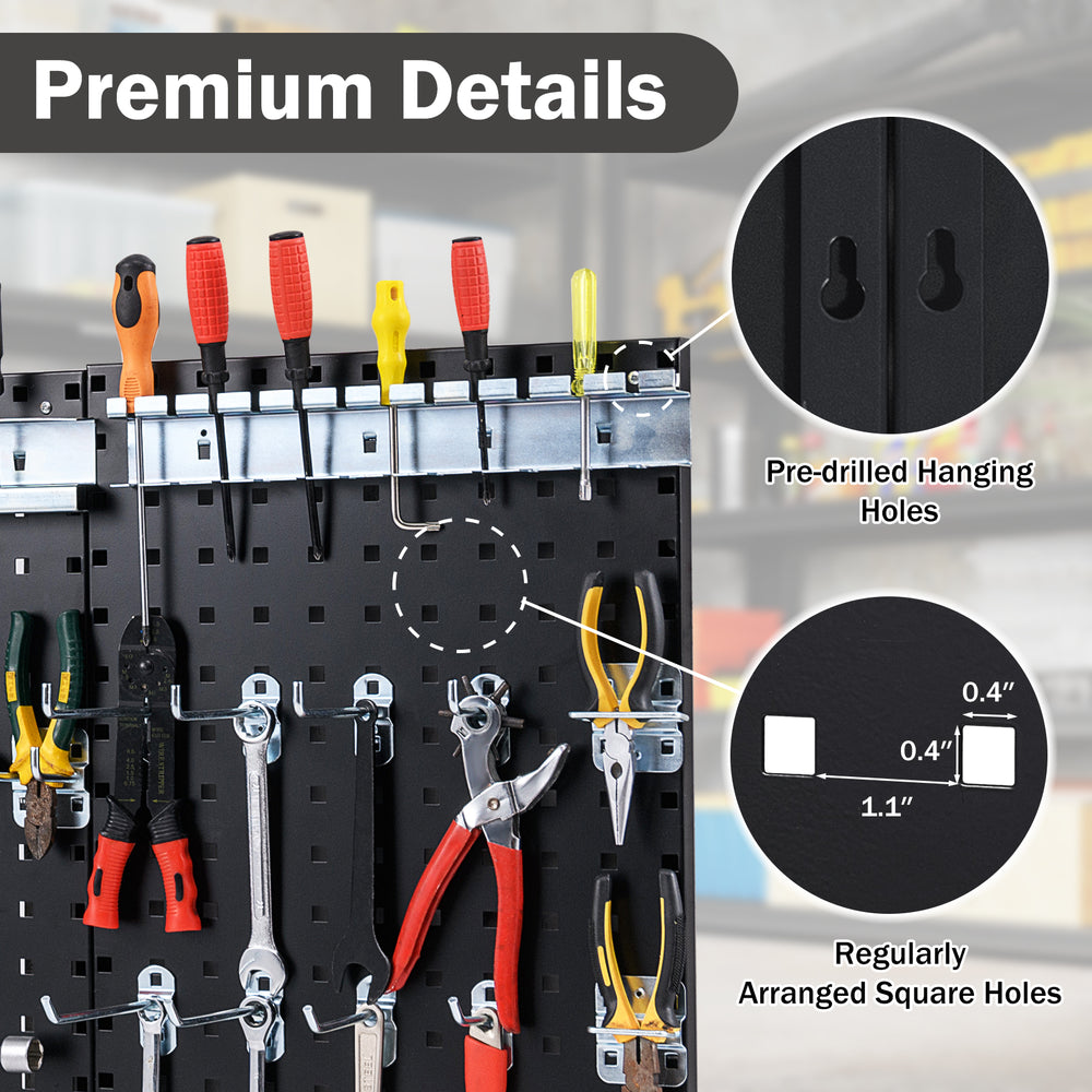 Wall-mounted pegboard kit showcasing pre-drilled holes and assorted hooks for organizing tools in garages and workshops.