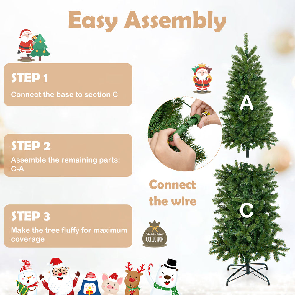Pencil Christmas tree assembly steps with 180 warm white and multi-color LED lights for festive decoration.
