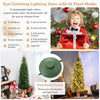 Pencil Christmas tree with 180 warm white and multi-color LED lights, featuring 10 flash modes and a foot pedal switch.