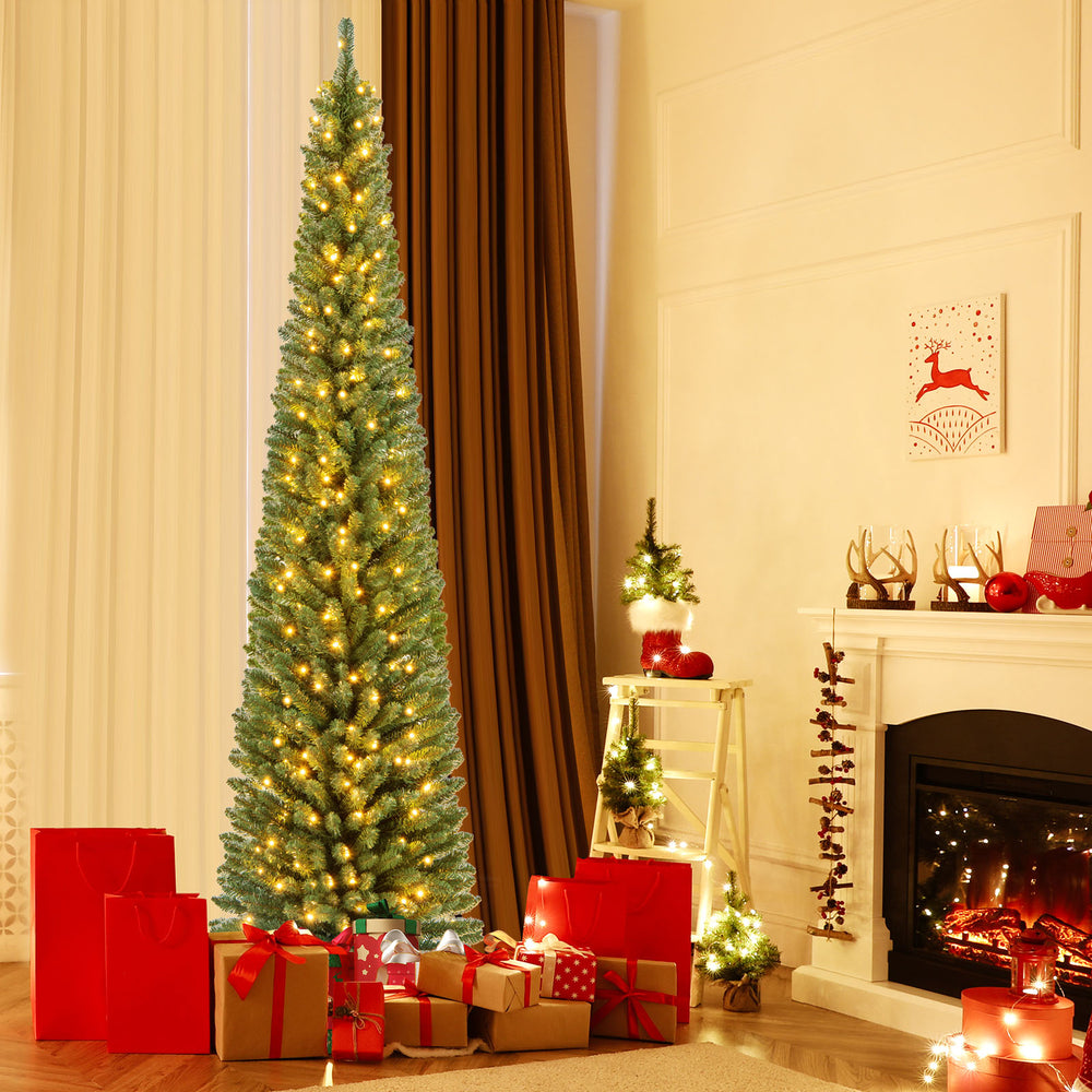 Pencil Christmas tree with warm LED lights, 8FT tall, featuring memory wire branch tips, perfect for festive.