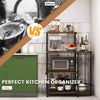 4-tier kitchen bakers rack in rustic brown with S-hooks and stemware racks, ideal for kitchen organization and storage.