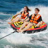 Towable tube with two cockpit seating areas, heavy-duty PVC bladder, and thick foam padded handles for water sports fun.