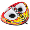 Towable tube with two cockpit seating areas, heavy-duty PVC, and drainage for smooth water sports enjoyment.