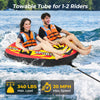 Towable tube for 1-2 riders featuring heavy-duty PVC, padded handles, and drainage for smooth water sports enjoyment.