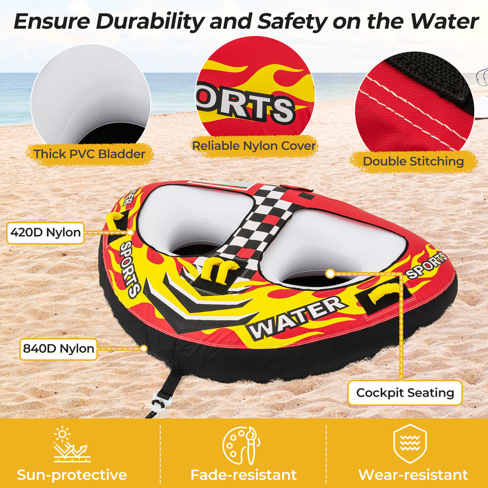 Towable tube with cockpit seating, made of durable 420D nylon and PVC, designed for safe water sports with friends.
