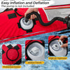 Close-up of Boston valves with protective covers on a towable tube, designed for easy inflation and deflation.