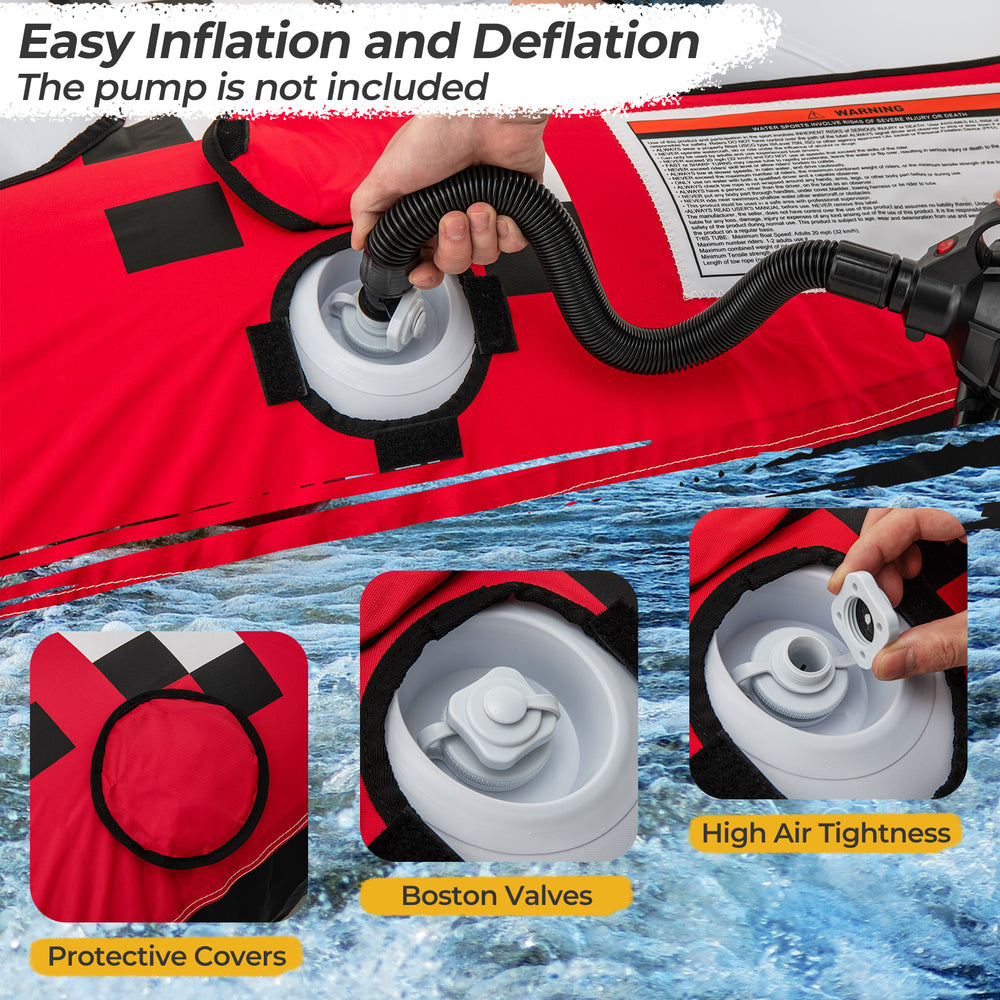 Close-up of Boston valves with protective covers on a towable tube, designed for easy inflation and deflation.