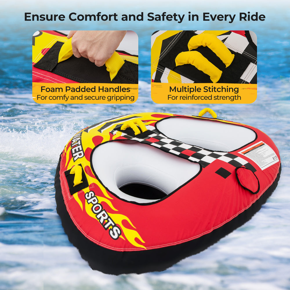 Towable tube featuring two cockpit seating areas, foam padded handles, and durable nylon cover for safe water sports.