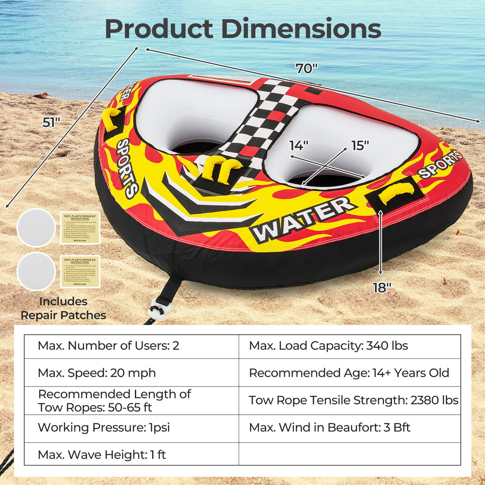 Towable tube with cockpit seating for 2, heavy-duty PVC, and drainage opening for smooth water sports rides.