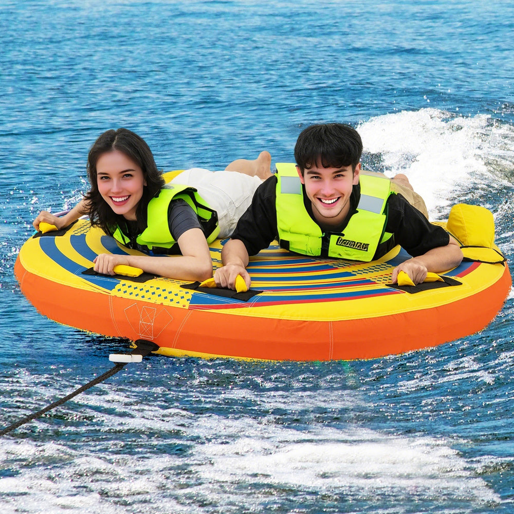 Inflatable towable tube for 1 or 2 persons, featuring padded handles and durable PVC, perfect for water sports fun.