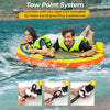 Inflatable towable tube for 1 or 2 persons with quick connector, featuring padded handles and durable PVC construction.