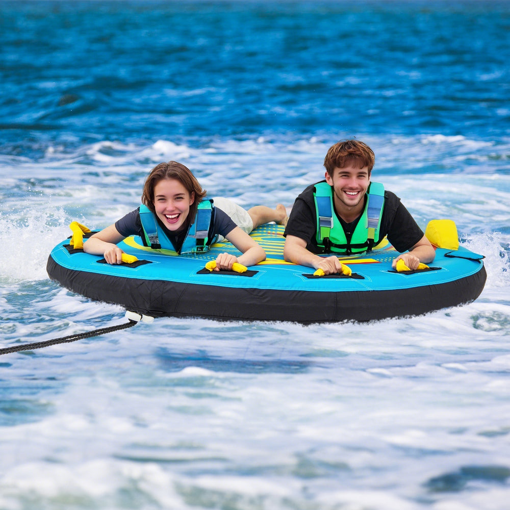 U-shaped inflatable boat tube for 2-3 riders, featuring double valves and foam padded handles for secure towing.