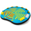 U-shaped inflatable boat tube with bright colors, foam handles, and double valves for 2-3 riders, ideal for water.