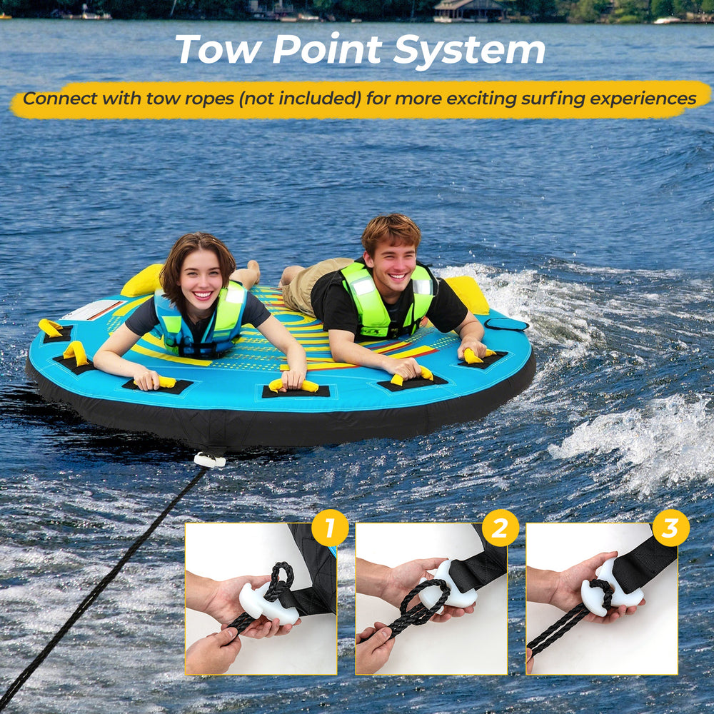 3-person inflatable boat tube with double valves, featuring a sturdy tow point system for exciting water adventures.